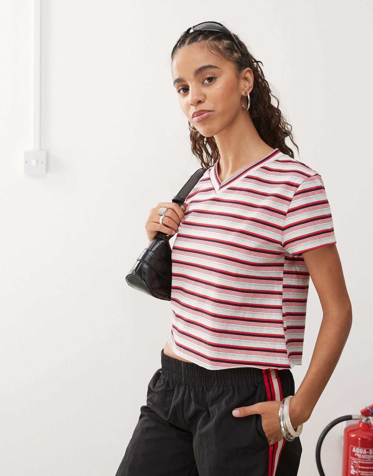 Lioness North Light v neck short sleeve t-shirt in burgundy and red stripe