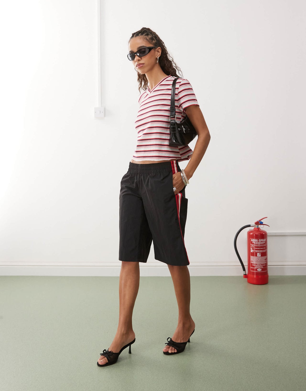 Lioness North Light v neck short sleeve t-shirt in burgundy and red stripe