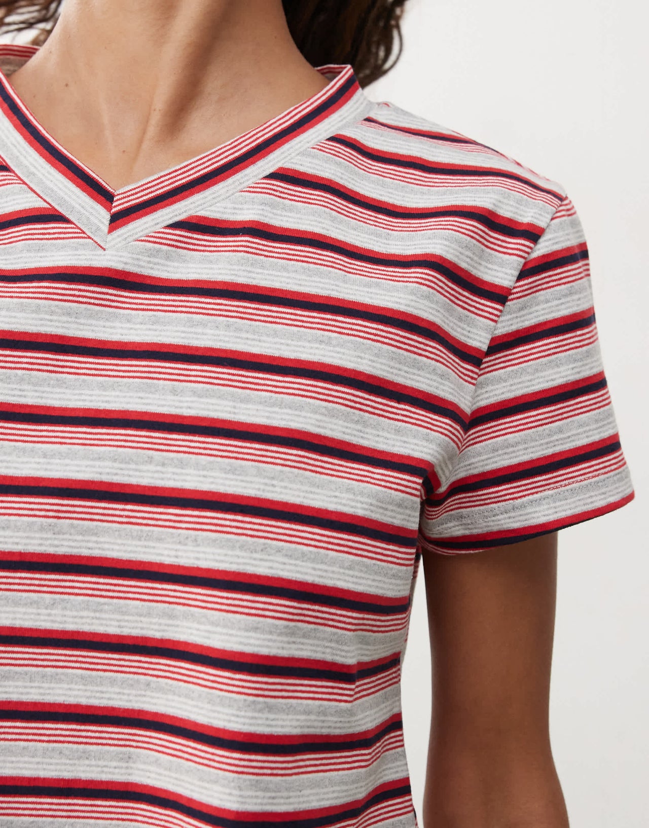 Lioness North Light v neck short sleeve t-shirt in burgundy and red stripe
