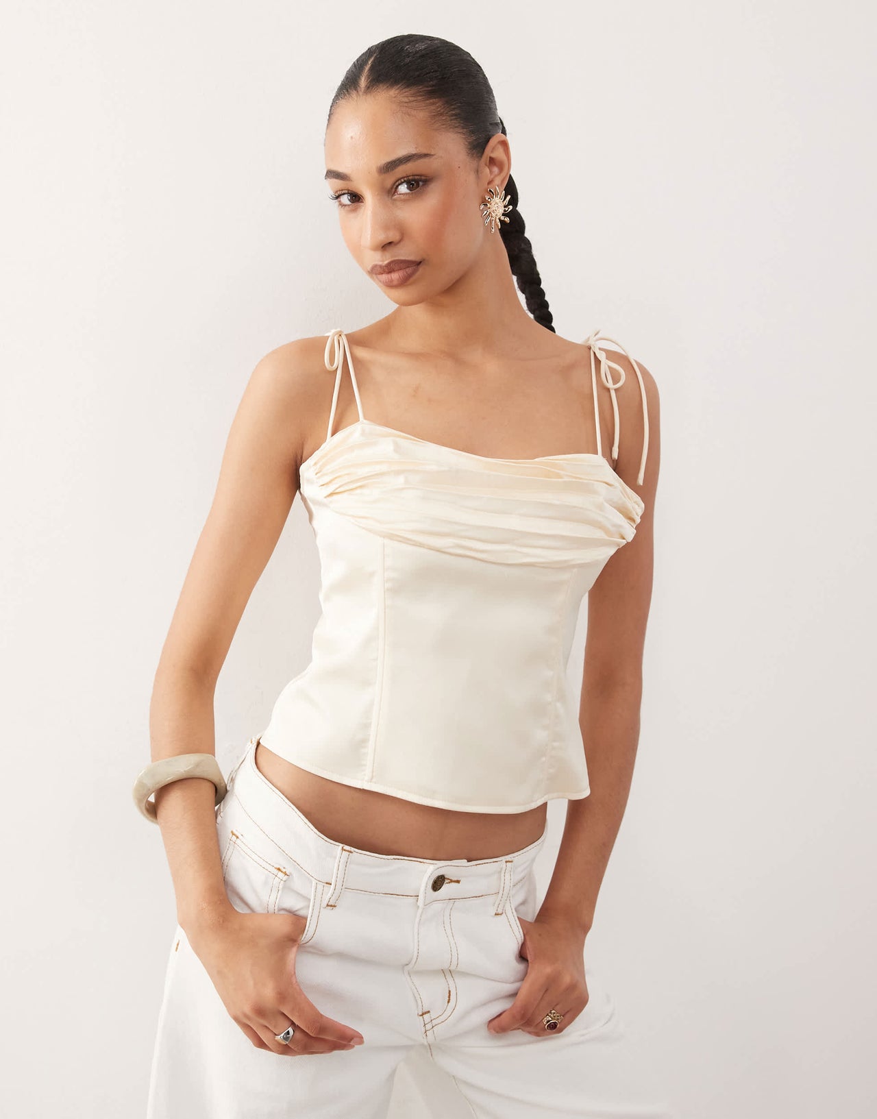 Lioness Humphrey 90s square neck ruched bust cami top in cream