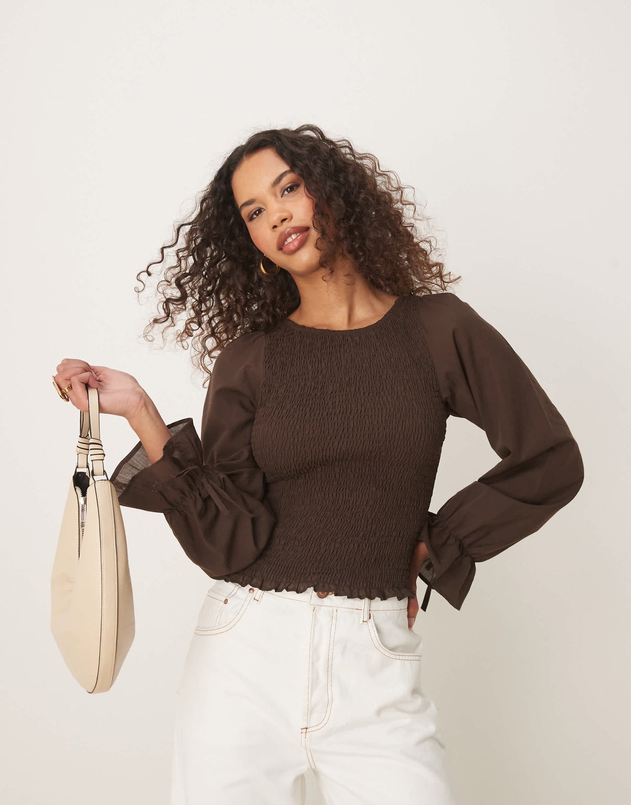 ASOS DESIGN cotton shirred blouse in chocolate