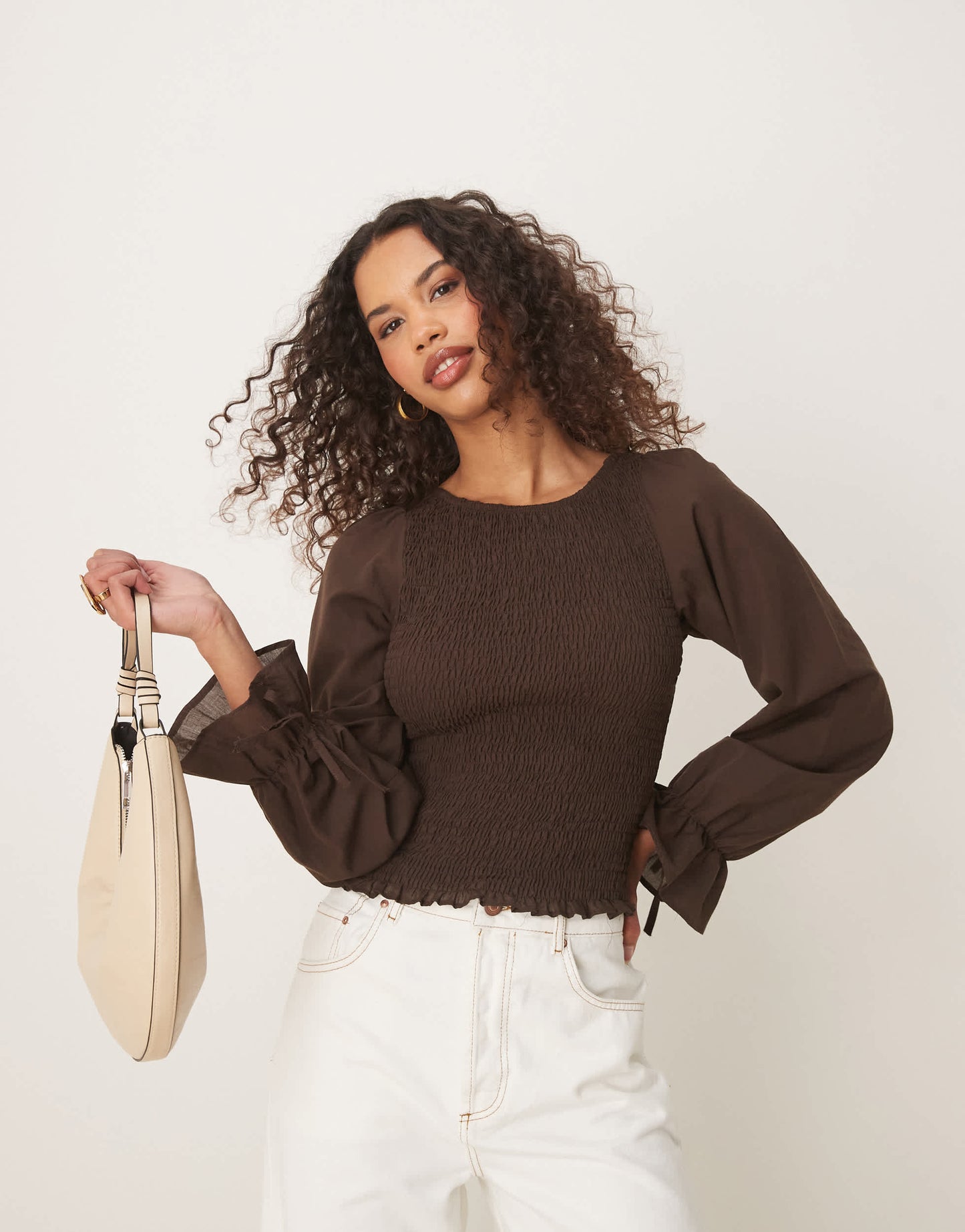 ASOS DESIGN cotton shirred blouse in chocolate