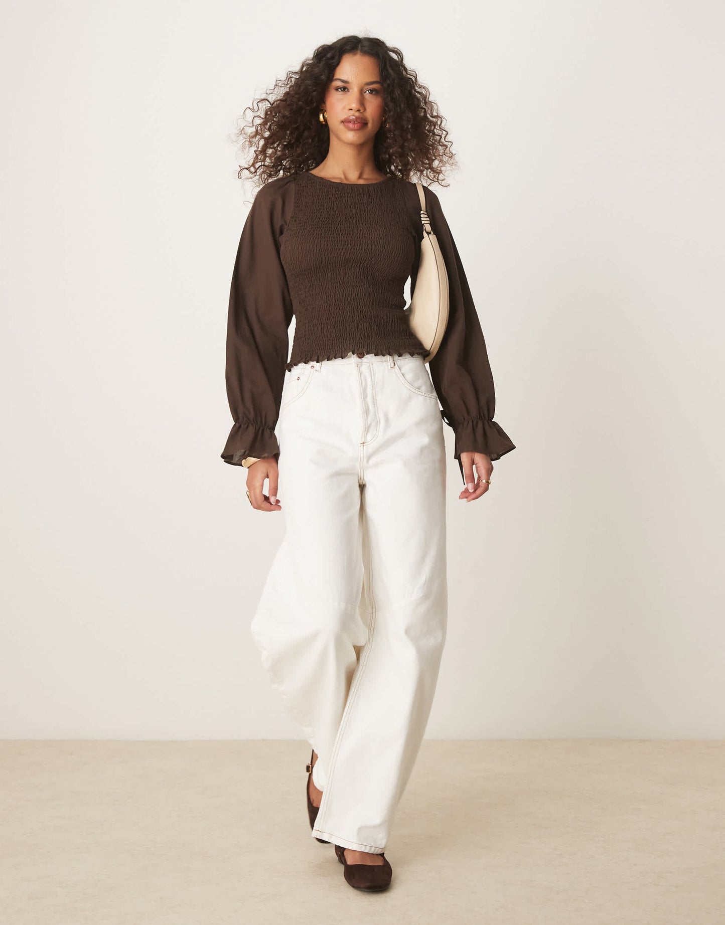 ASOS DESIGN cotton shirred blouse in chocolate