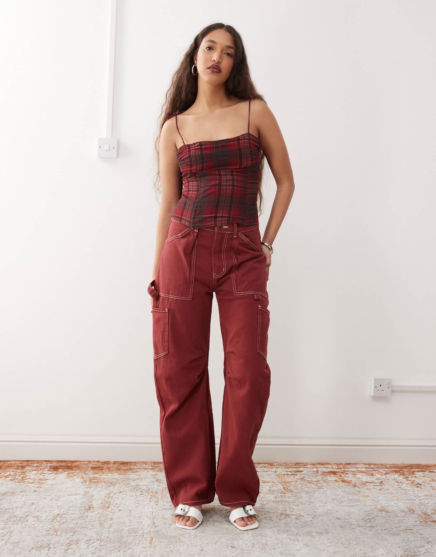 Lioness Miami Vice lowrise pocket detail wide leg jeans co-ord in burgundy