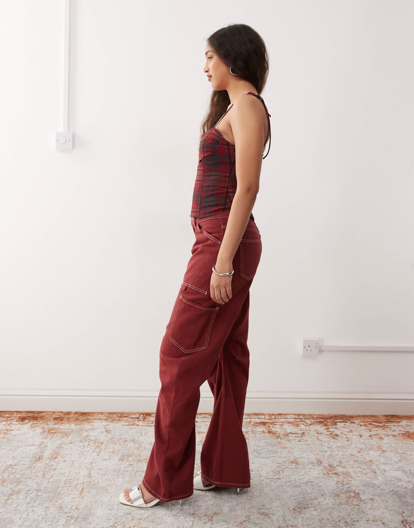 Lioness Miami Vice lowrise pocket detail wide leg jeans co-ord in burgundy