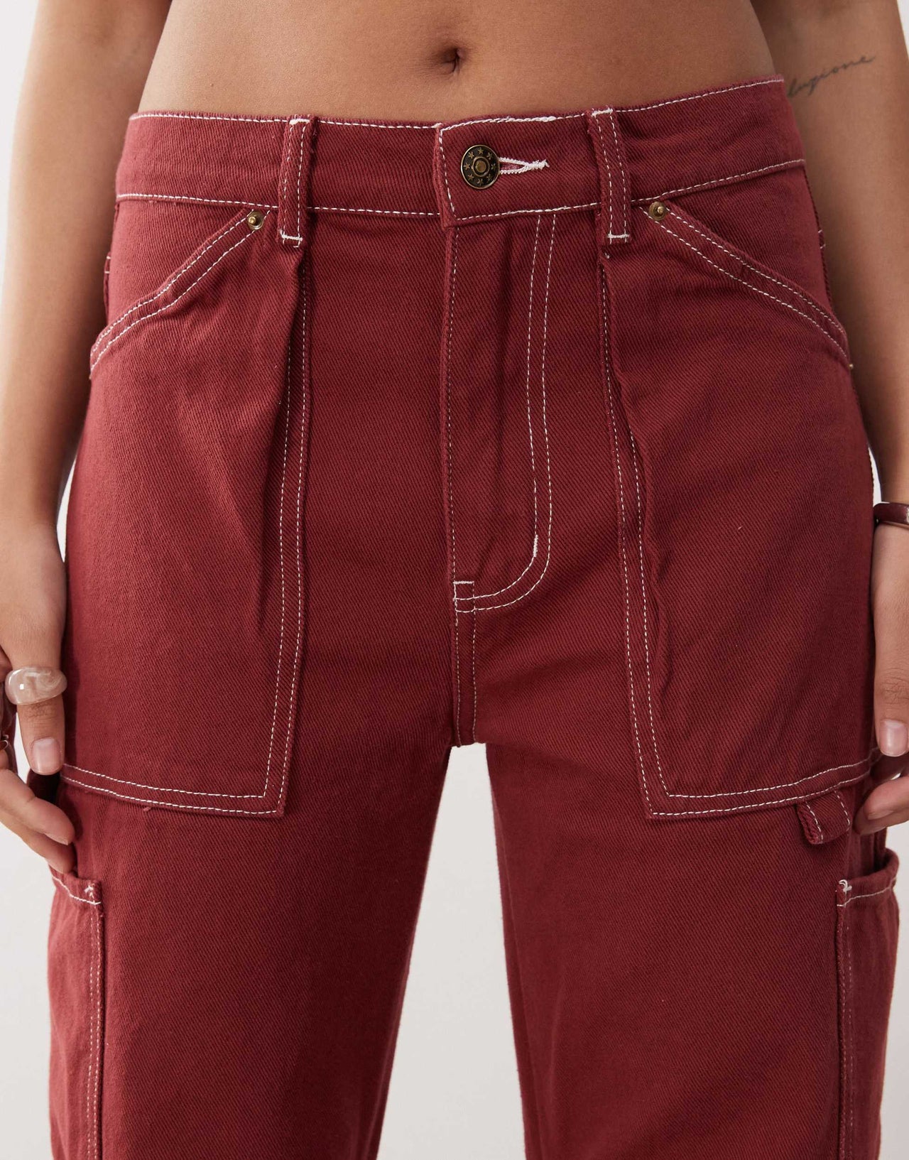 Lioness Miami Vice lowrise pocket detail wide leg jeans co-ord in burgundy