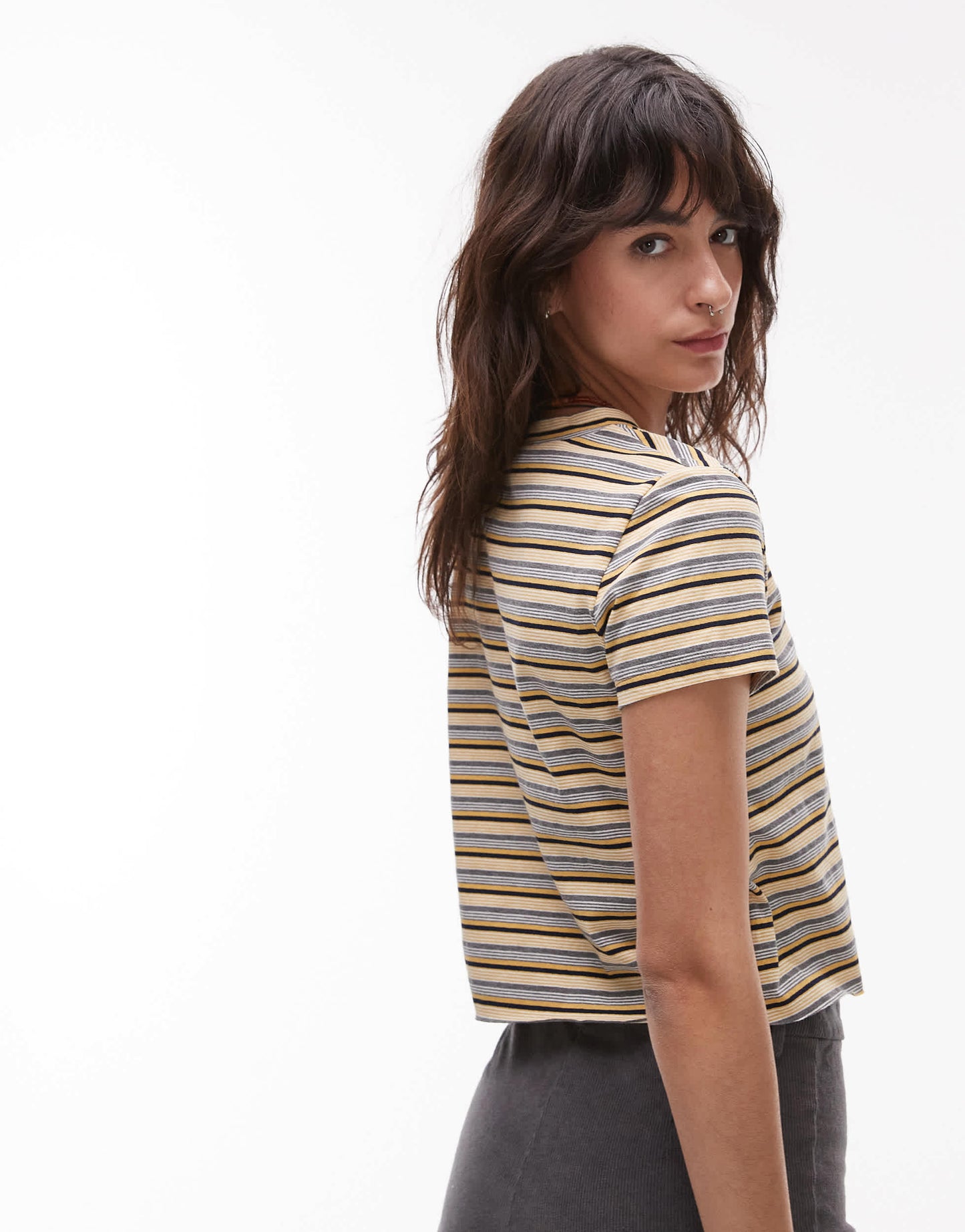 Lioness North light v neck short sleeve t-shirt in yellow stripe