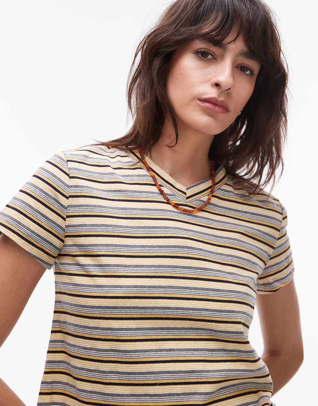 Lioness North light v neck short sleeve t-shirt in yellow stripe