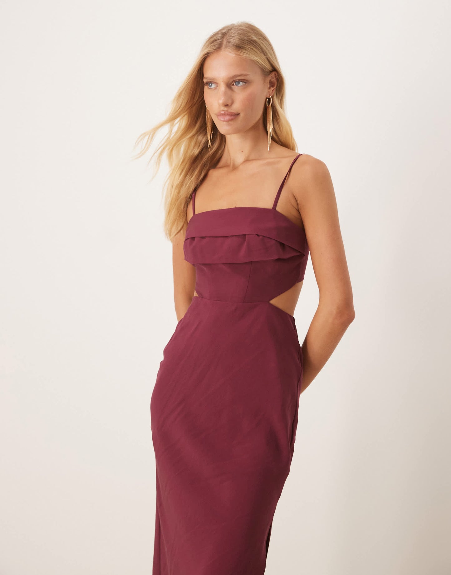 ASOS DESIGN folded bust detail cut out midi slip dress in cherry red