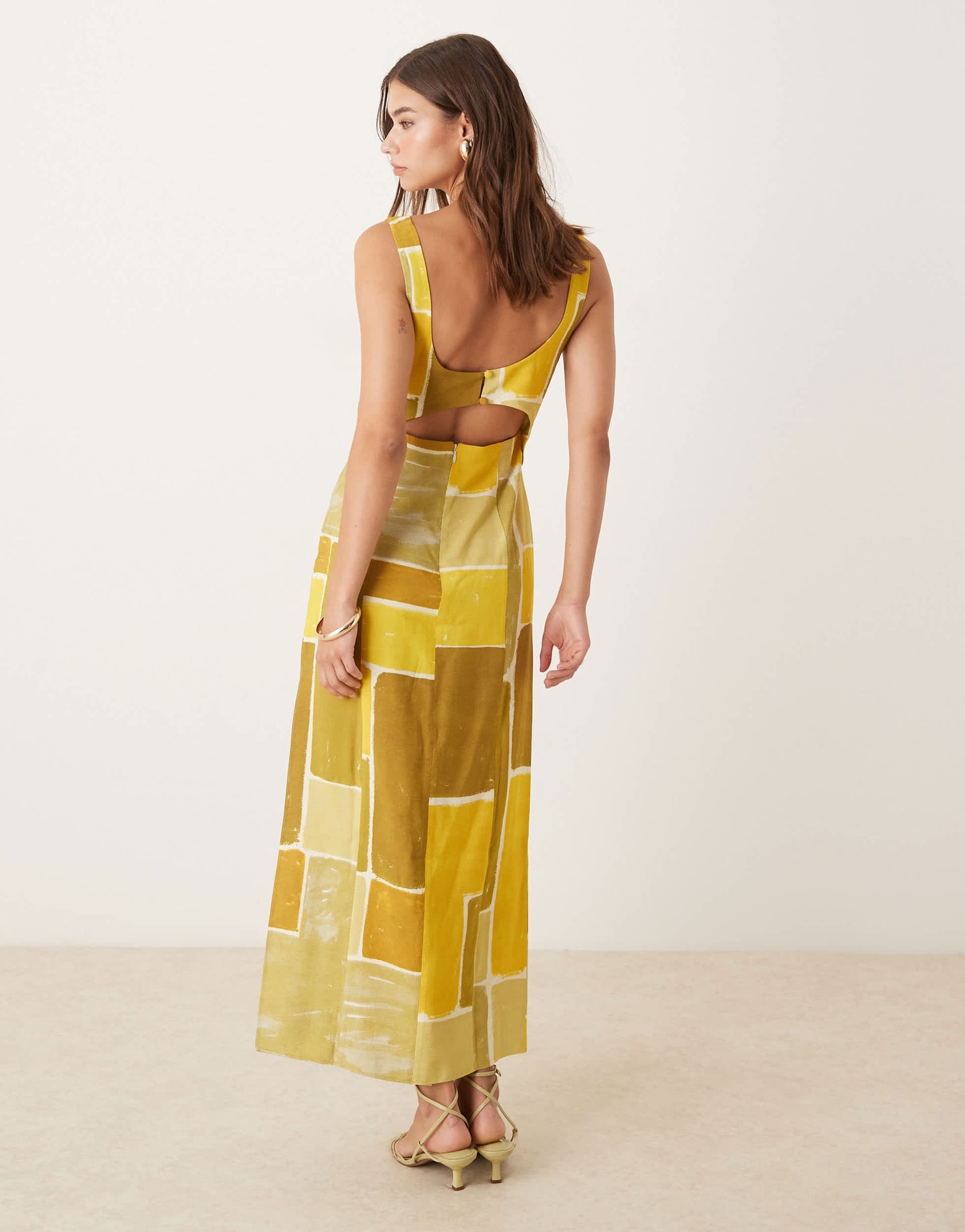 ASOS DESIGN strappy twist bust detail cut out midi dress in abstract square print
