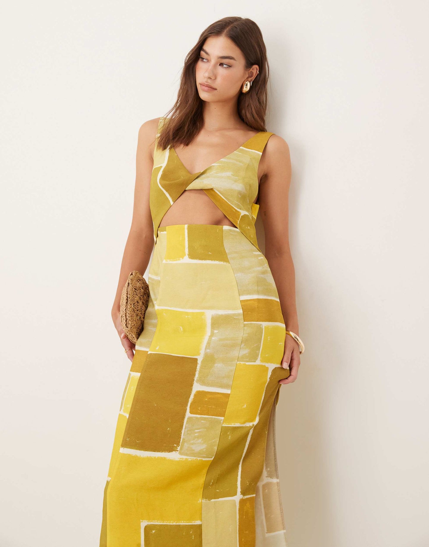 ASOS DESIGN strappy twist bust detail cut out midi dress in abstract square print