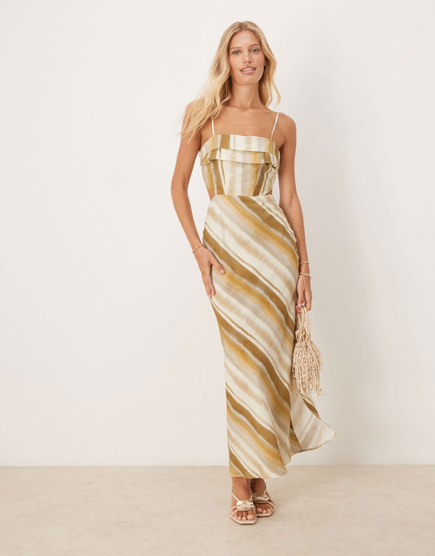 ASOS DESIGN folded bust detail cut out midi slip dress in stripe print