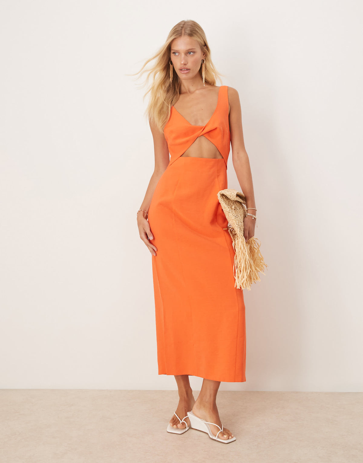 ASOS DESIGN strappy twist bust detail cut out midi dress in orange