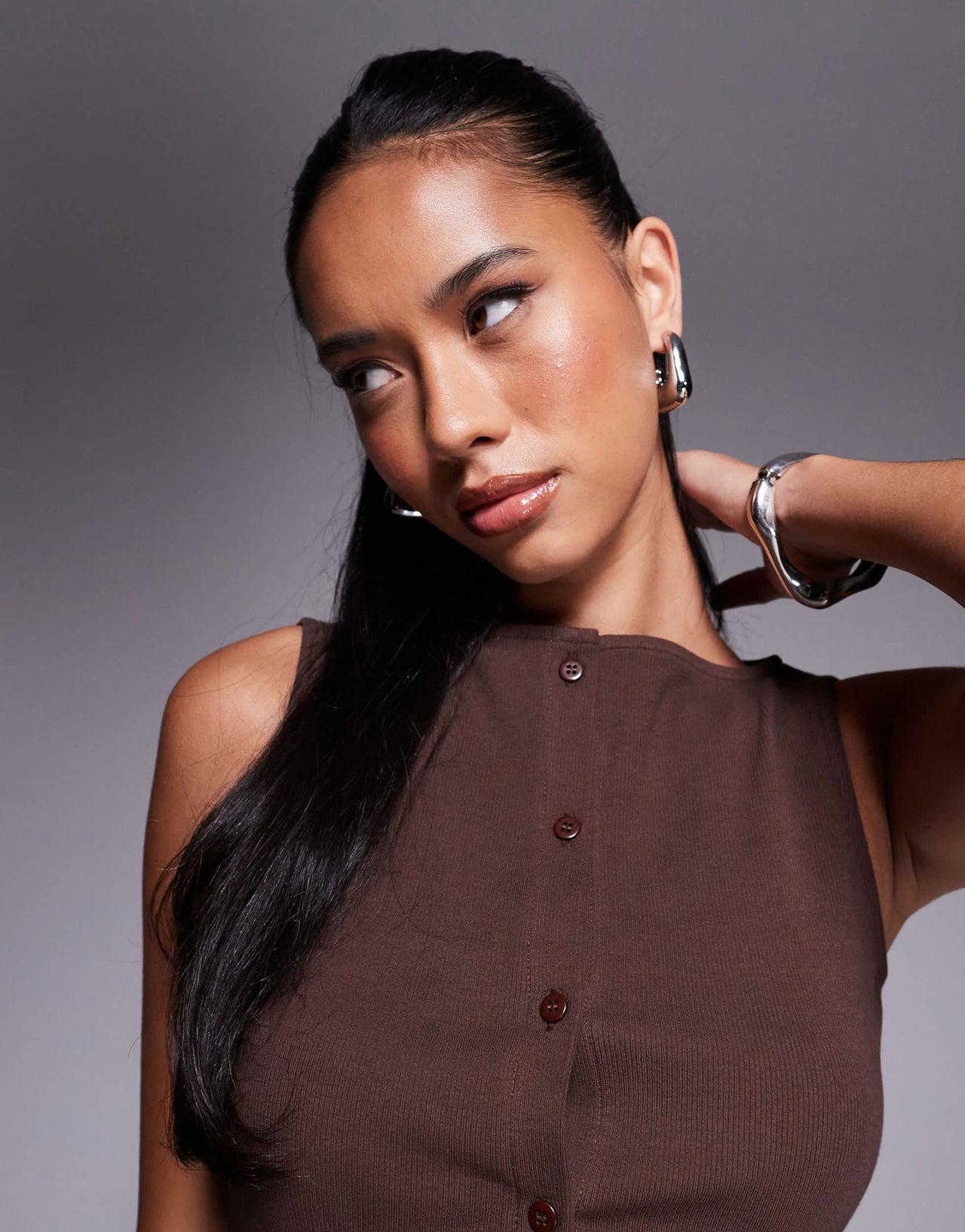 ASOS DESIGN wide neck ribbed button through tank top in brown
