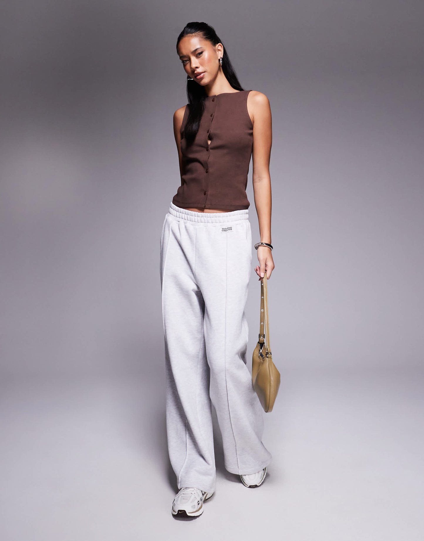 ASOS DESIGN wide neck ribbed button through tank top in brown