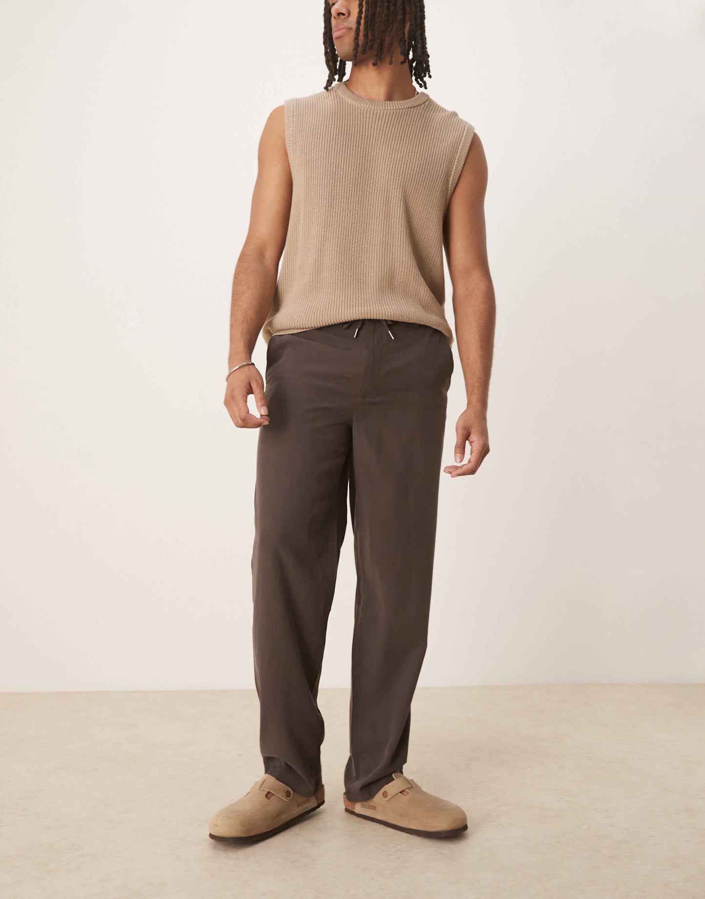 Mango linen look tie waist trouser in chocolate