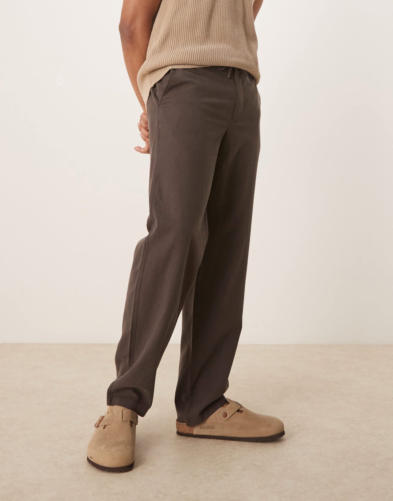 Mango linen look tie waist trouser in chocolate