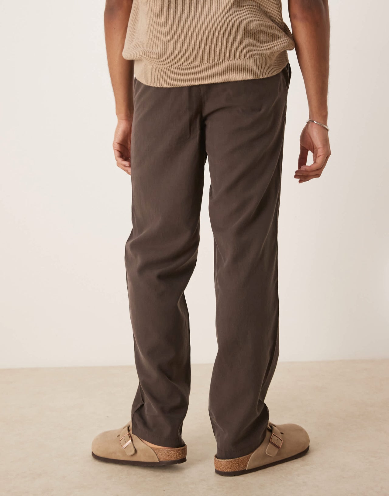 Mango linen look tie waist trouser in chocolate