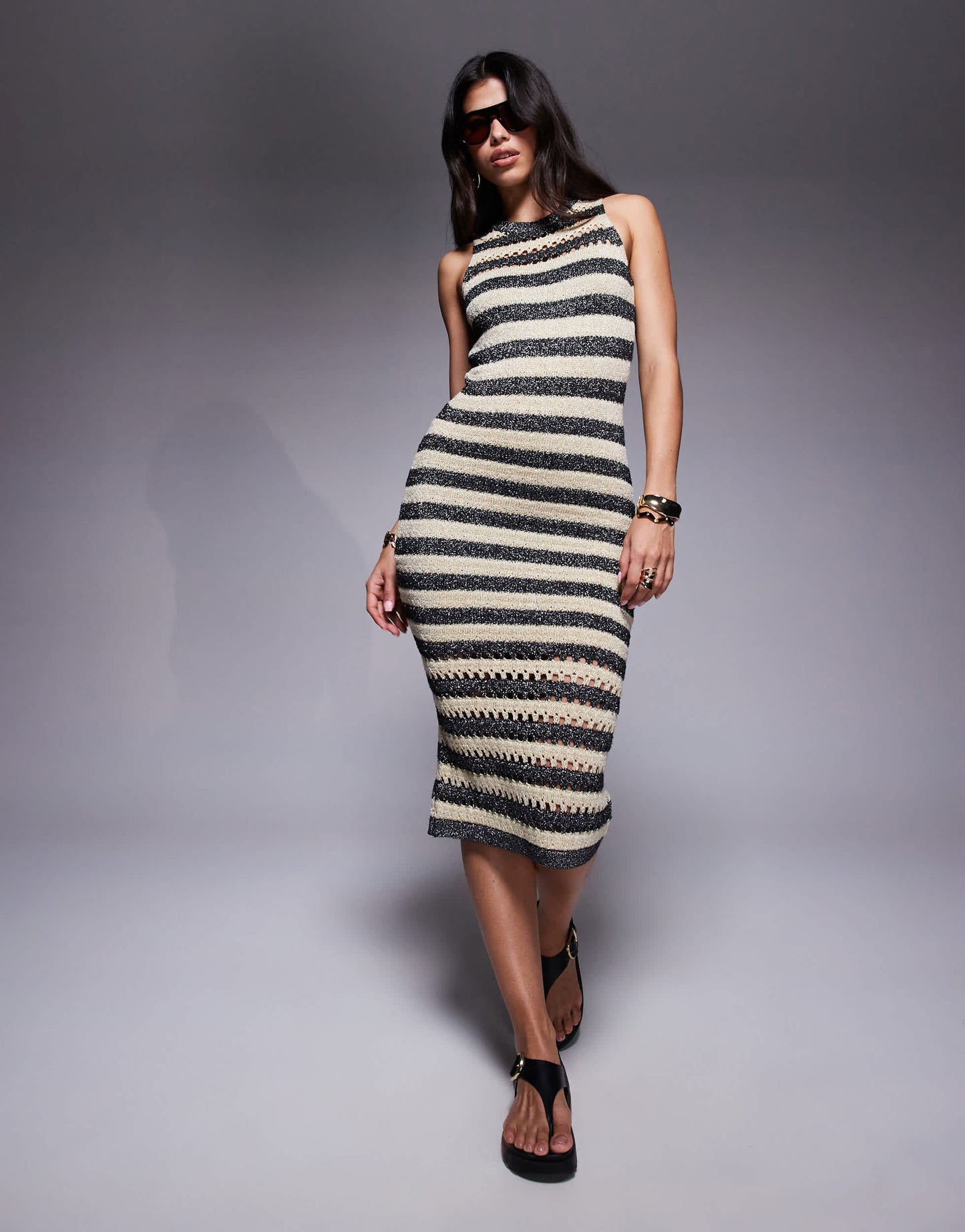 River Island crochet midi dress in silver stripe