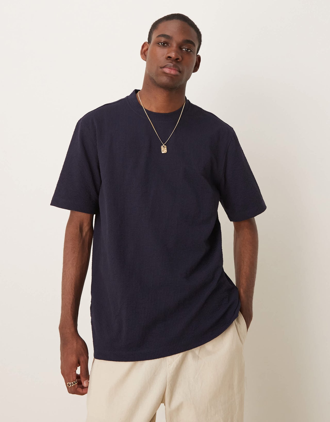 Mango regular fit seersucker t-shirt in navy