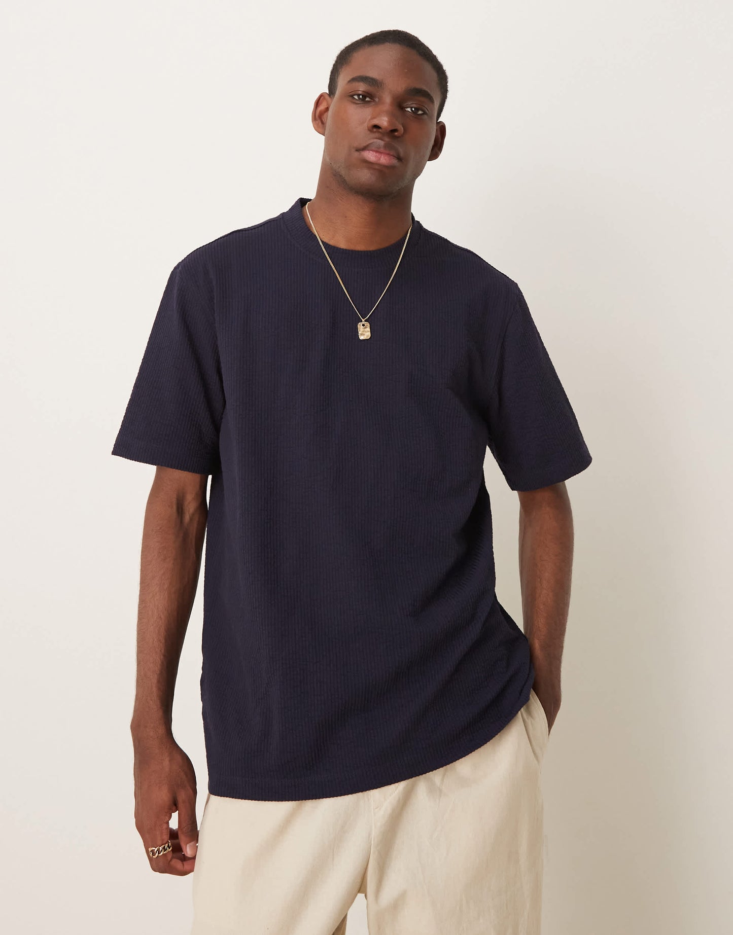 Mango regular fit seersucker t-shirt in navy