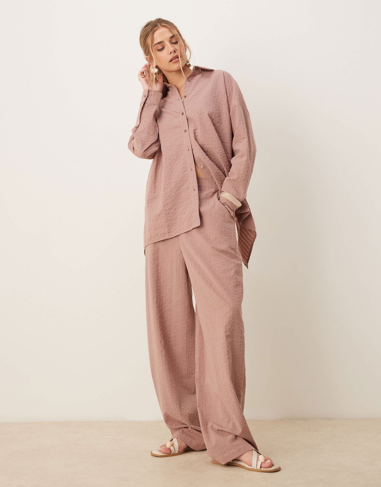 ASOS DESIGN seersucker relaxed pull on trousers co-ord in mink