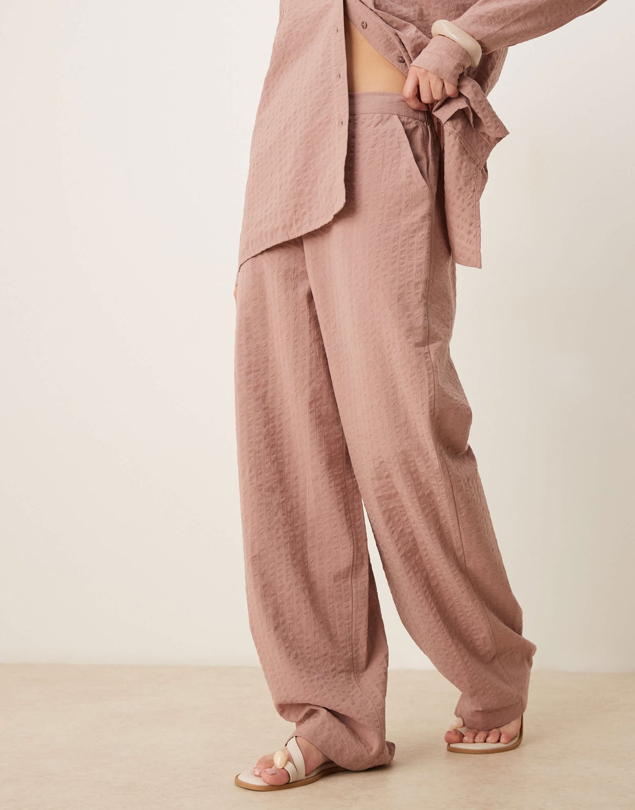 ASOS DESIGN seersucker relaxed pull on trousers co-ord in mink