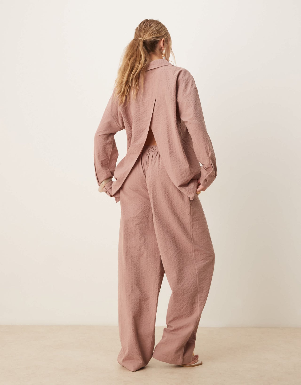 ASOS DESIGN seersucker wrap back stripe shirt co-ord in mink