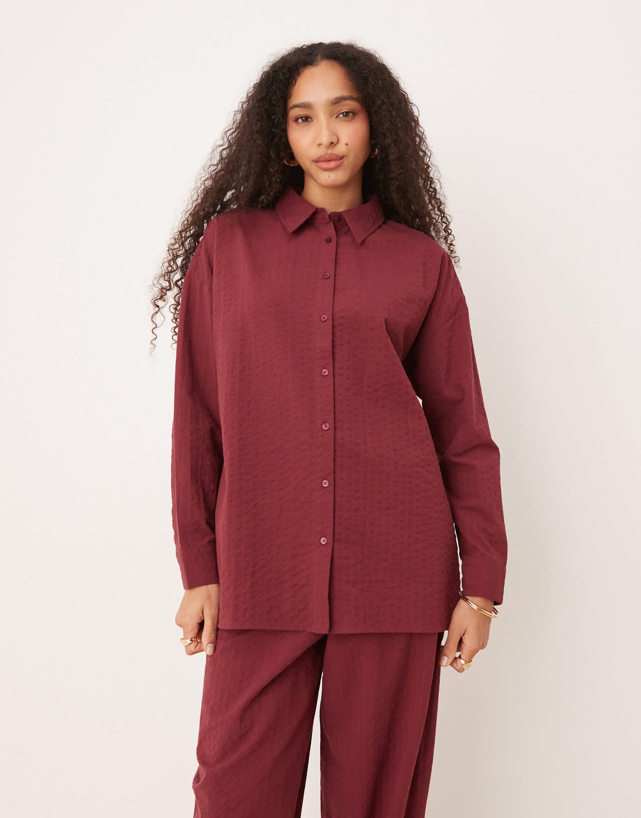 ASOS DESIGN seersucker wrap back stripe shirt co-ord in burgundy