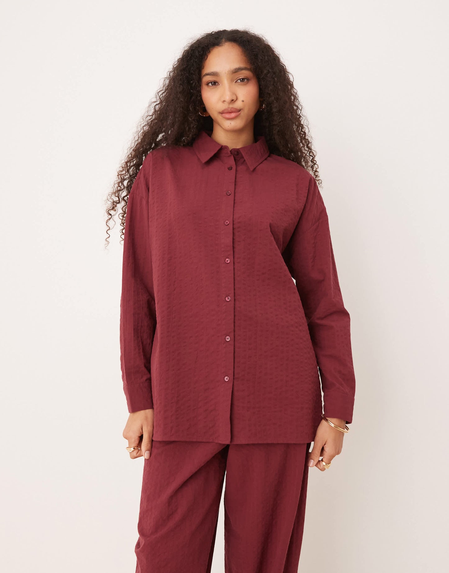 ASOS DESIGN seersucker wrap back stripe shirt co-ord in burgundy
