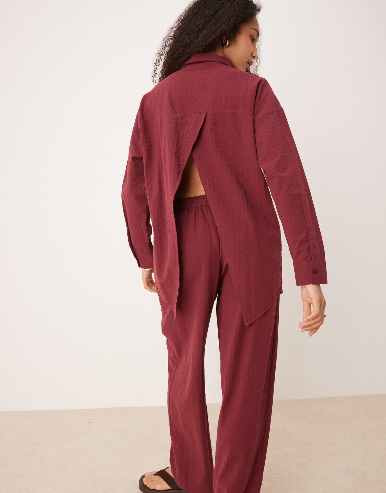 ASOS DESIGN seersucker wrap back stripe shirt co-ord in burgundy