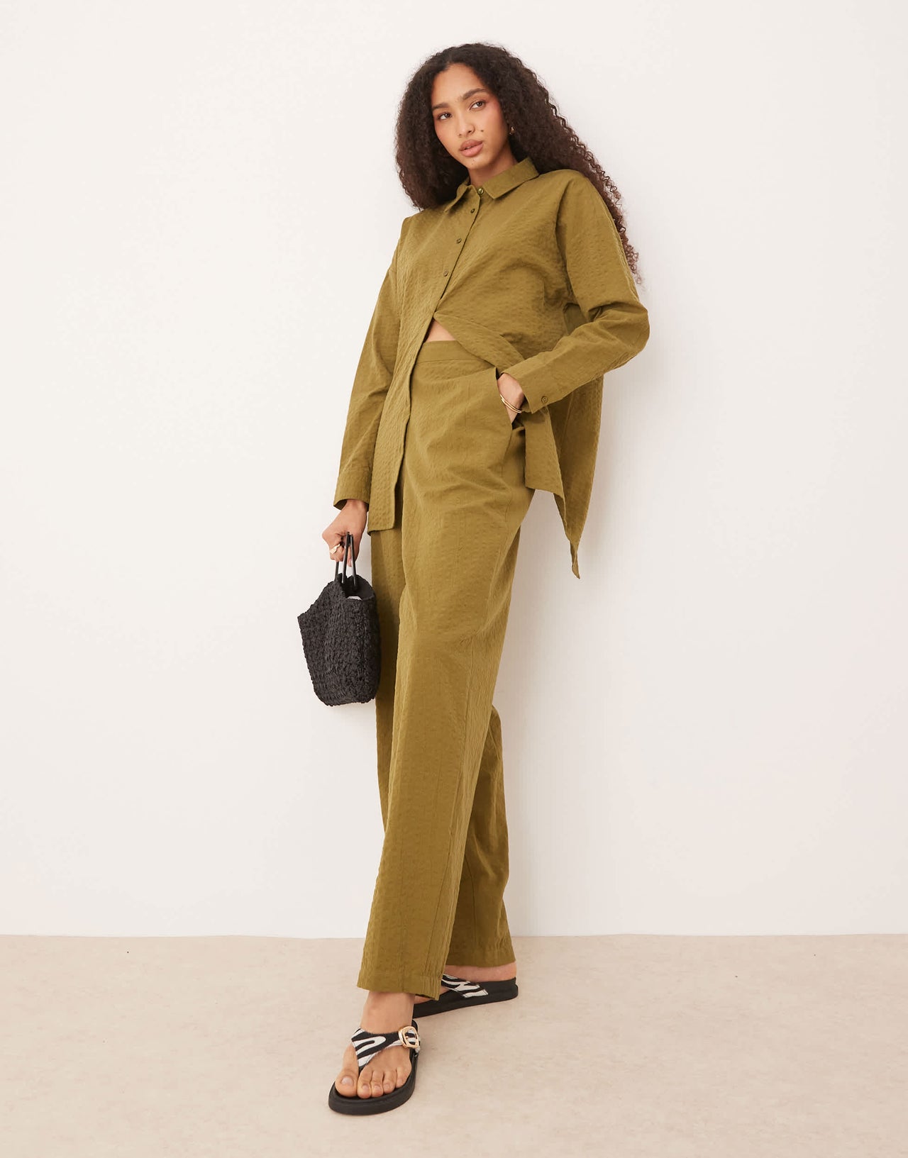 ASOS DESIGN seersucker relaxed pull on stripe trousers co-ord in olive