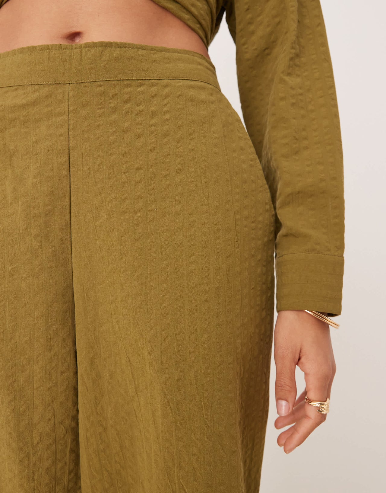 ASOS DESIGN seersucker relaxed pull on stripe trousers co-ord in olive