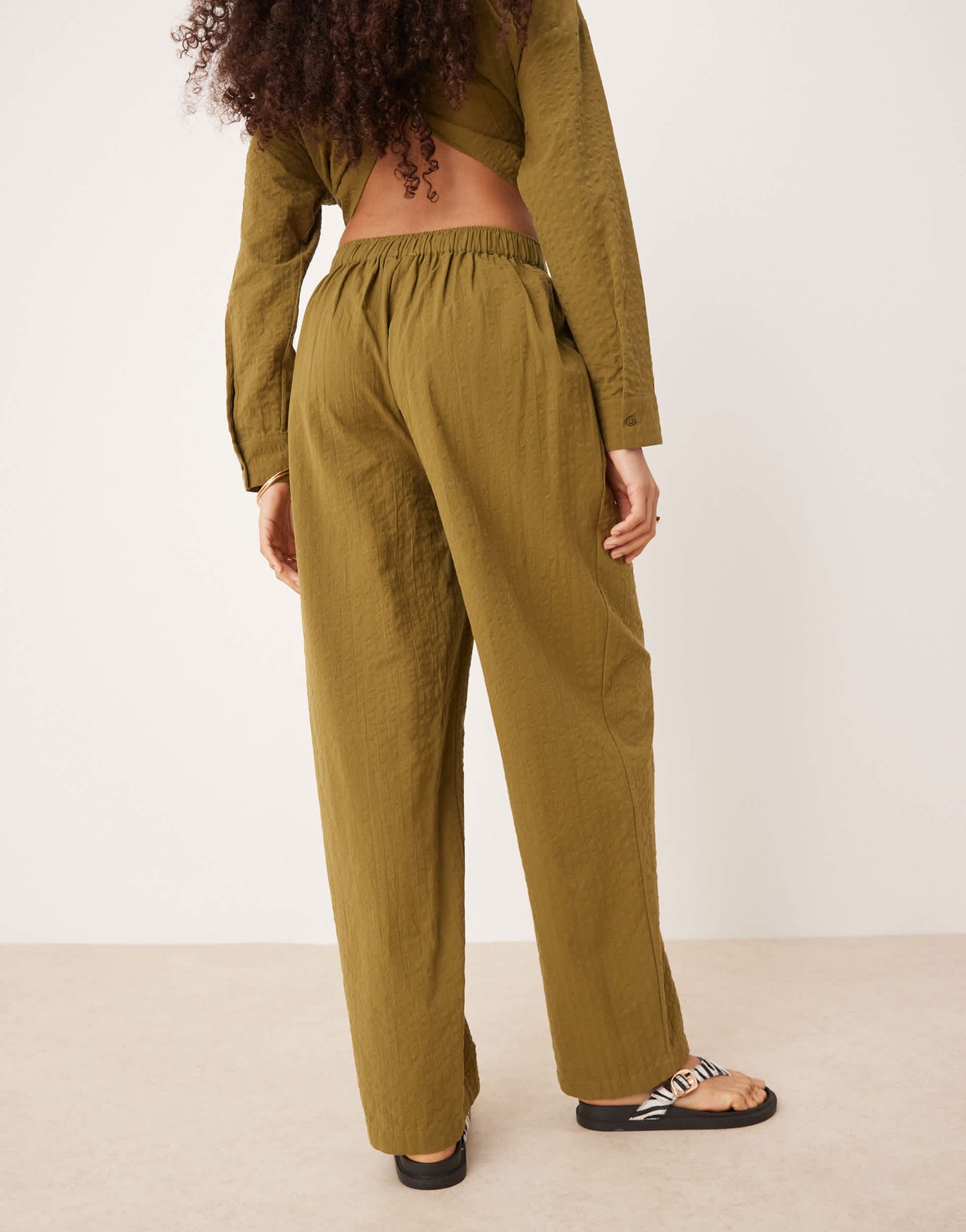 ASOS DESIGN seersucker relaxed pull on stripe trousers co-ord in olive