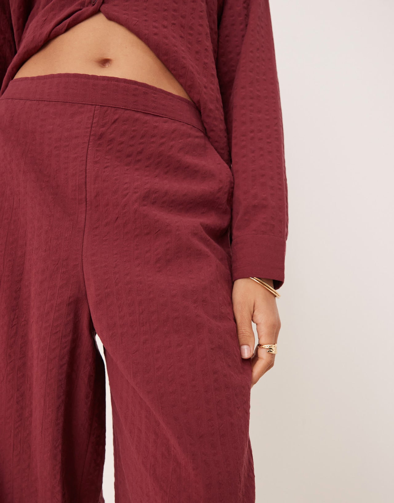 ASOS DESIGN seersucker relaxed pull on trousers co-ord in burgundy