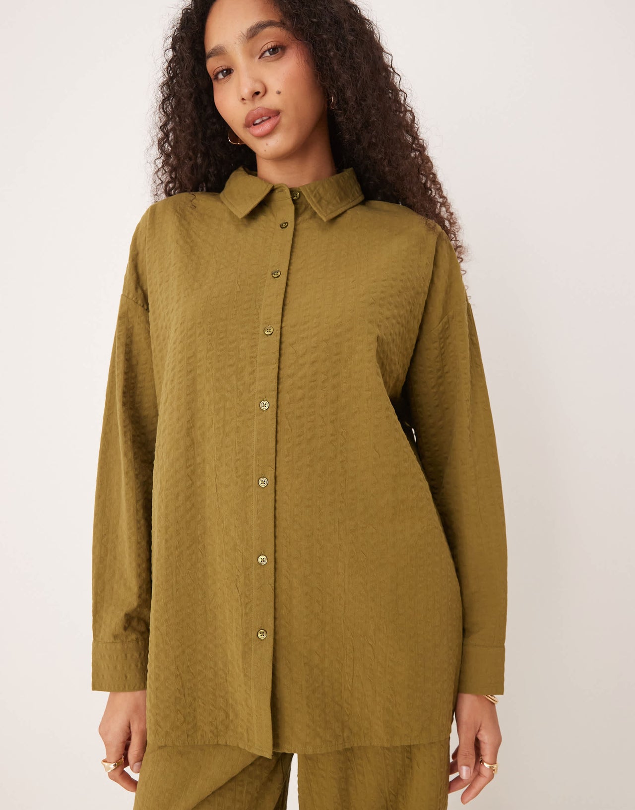 ASOS DESIGN seersucker wrap back stripe shirt co-ord in olive