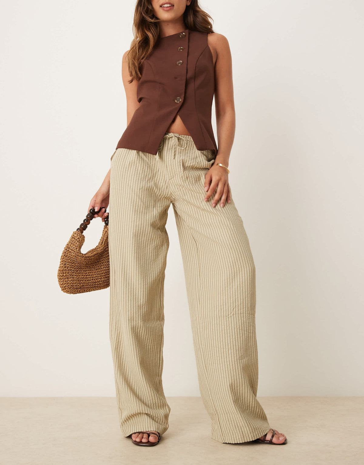 Motel juria wide leg relaxed linen trouser in neutral khaki stripe