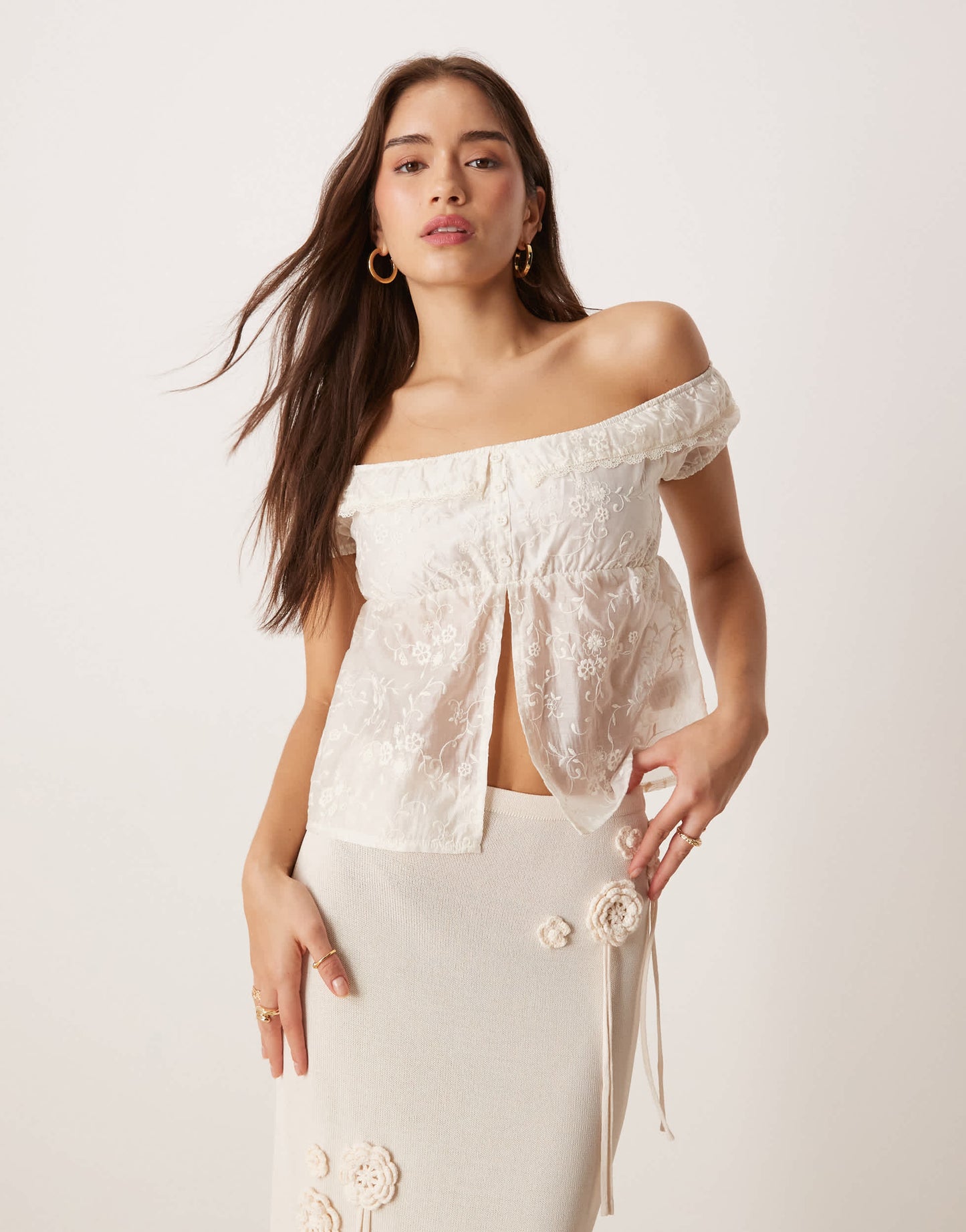 Motel shogo flocked floral off shoulder top in ivory