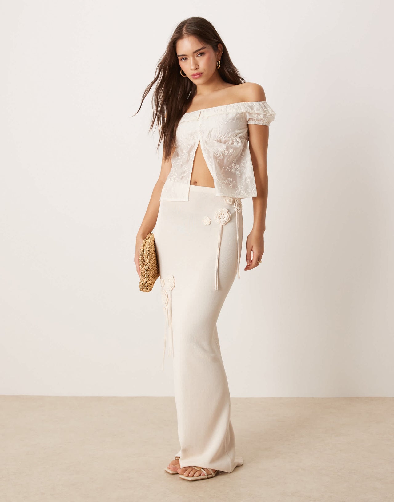 Motel shogo flocked floral off shoulder top in ivory