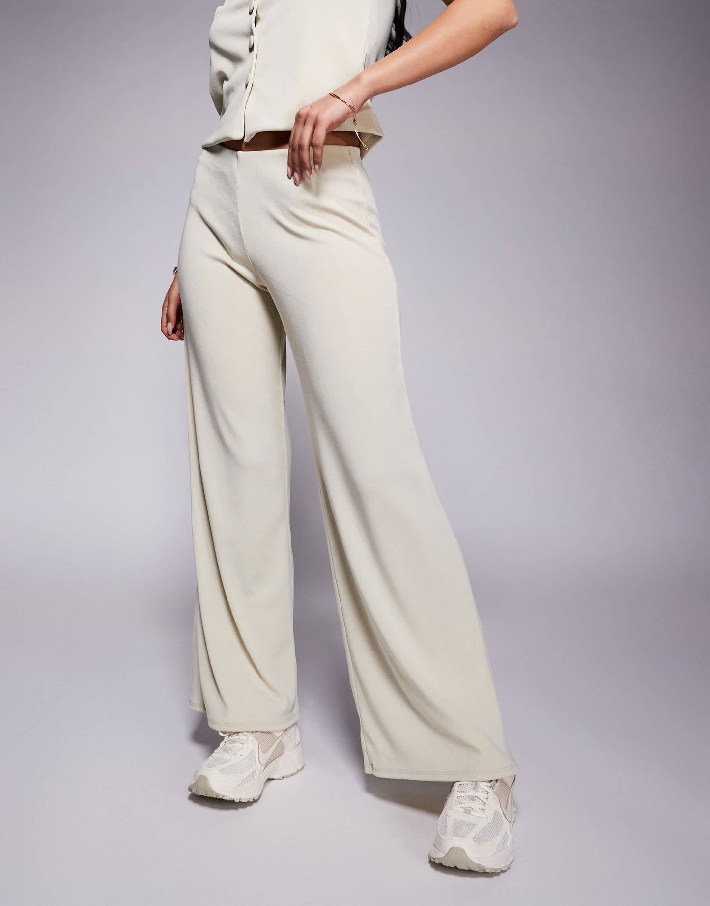 ASOS DESIGN co-ord rib wide leg trouser in stone