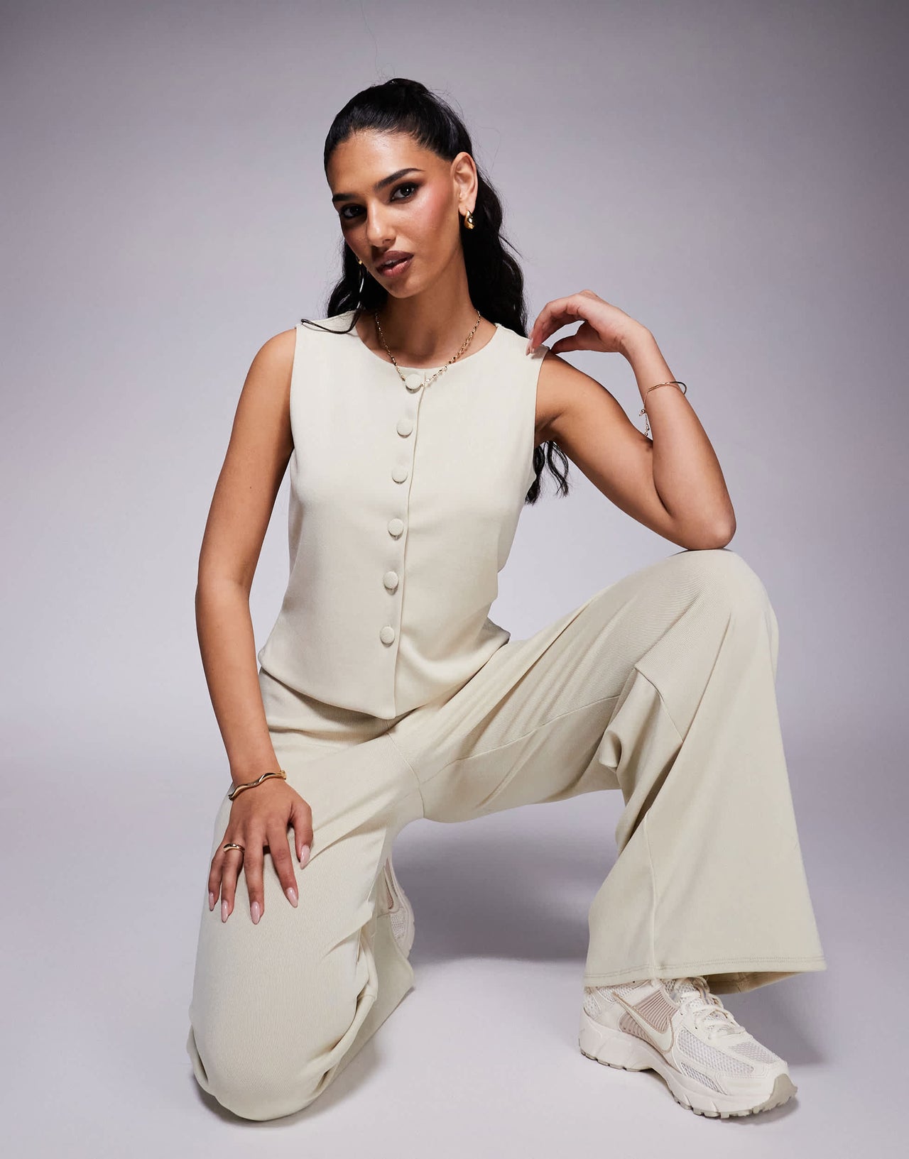 ASOS DESIGN co-ord rib button front waistcoat in stone