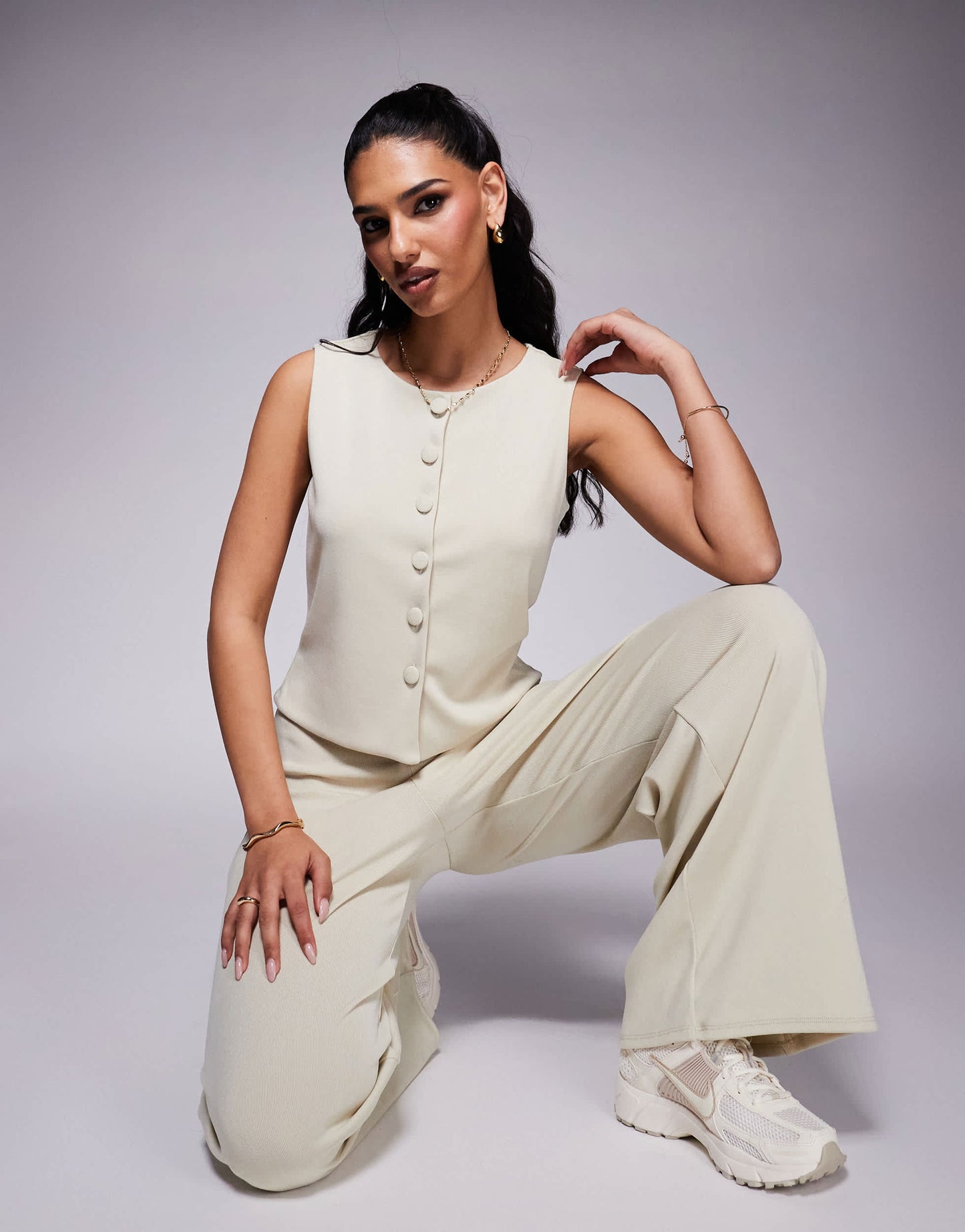 ASOS DESIGN co-ord rib button front waistcoat in stone