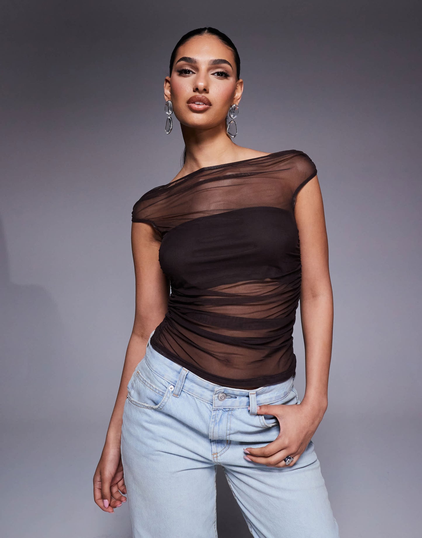 ASOS DESIGN gathered short sleeve off shoulder mesh top in chocolate
