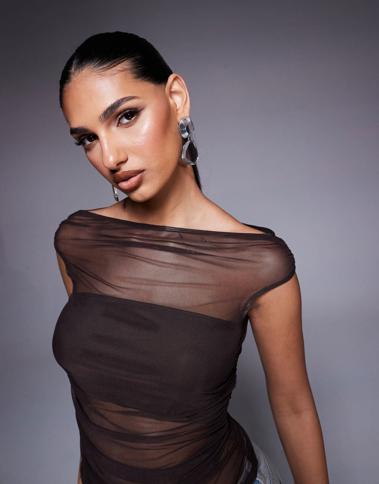 ASOS DESIGN gathered short sleeve off shoulder mesh top in chocolate