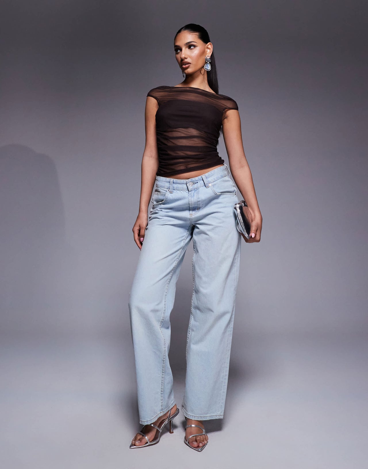 ASOS DESIGN gathered short sleeve off shoulder mesh top in chocolate