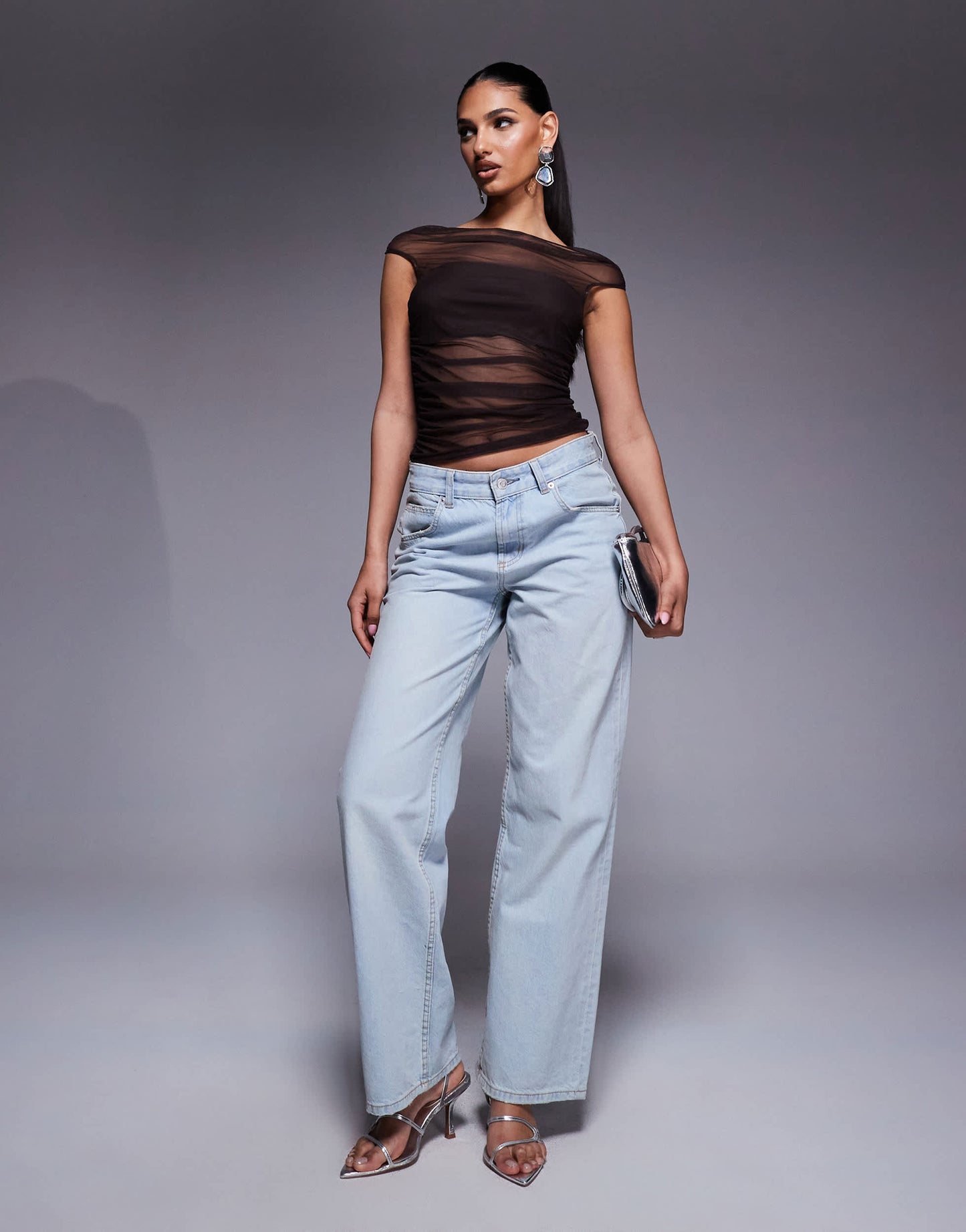 ASOS DESIGN gathered short sleeve off shoulder mesh top in chocolate