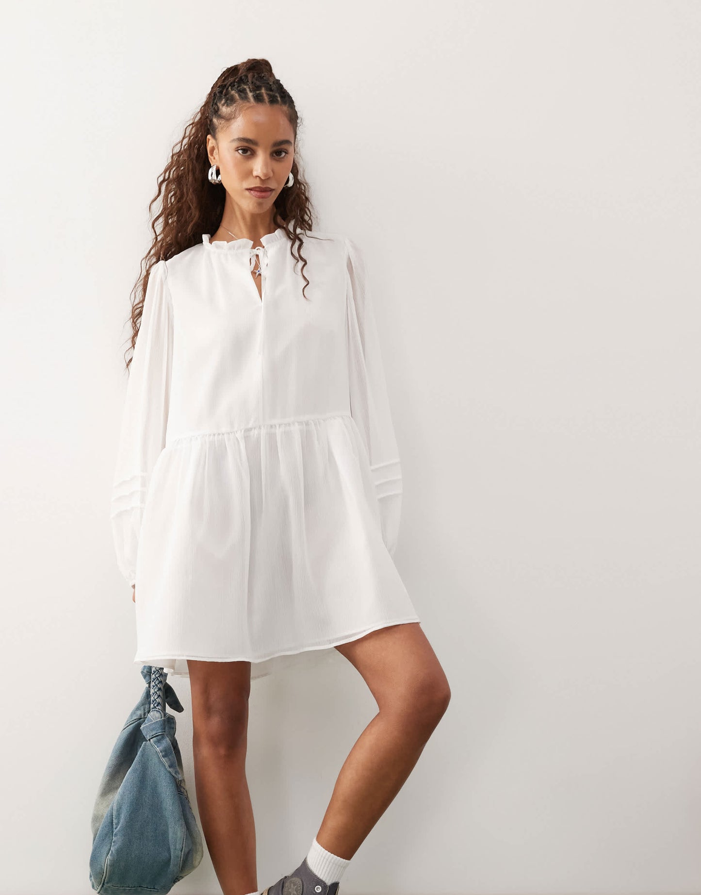 Reclaimed Vintage western mini smock dress with tie front collar in ivory