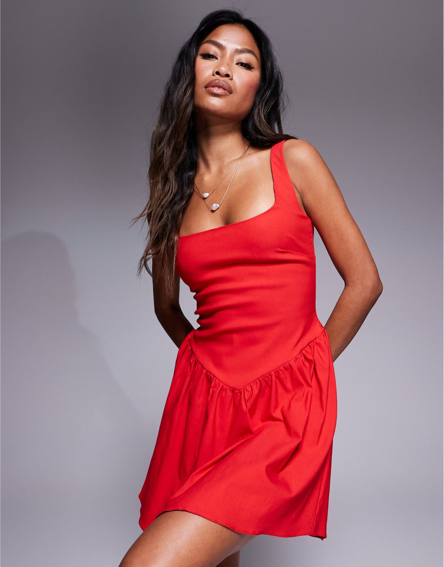 Vesper bengaline square neck skater mini dress in red