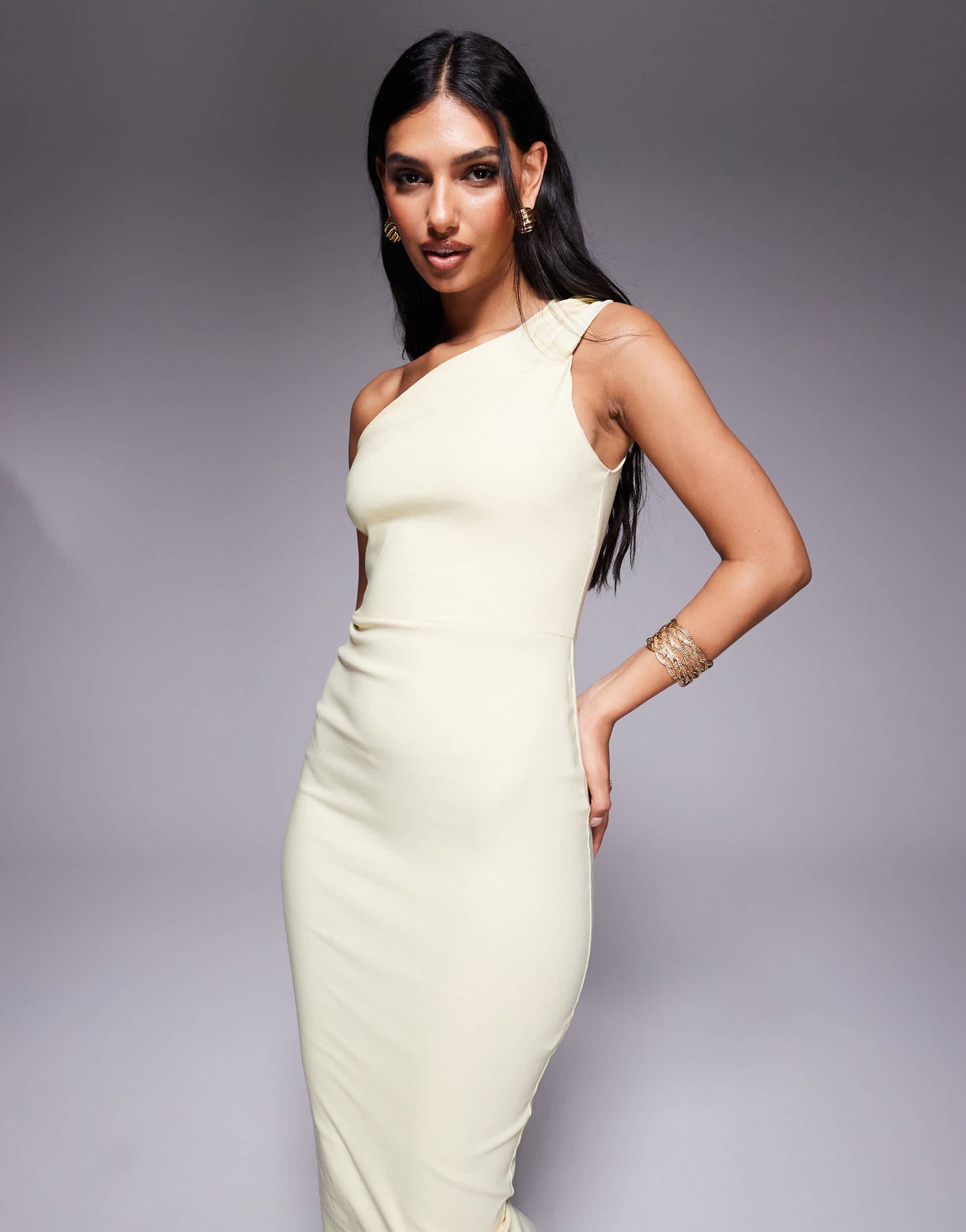 Vesper bengaline one shoulder strap bodycon midaxi dress in lemon
