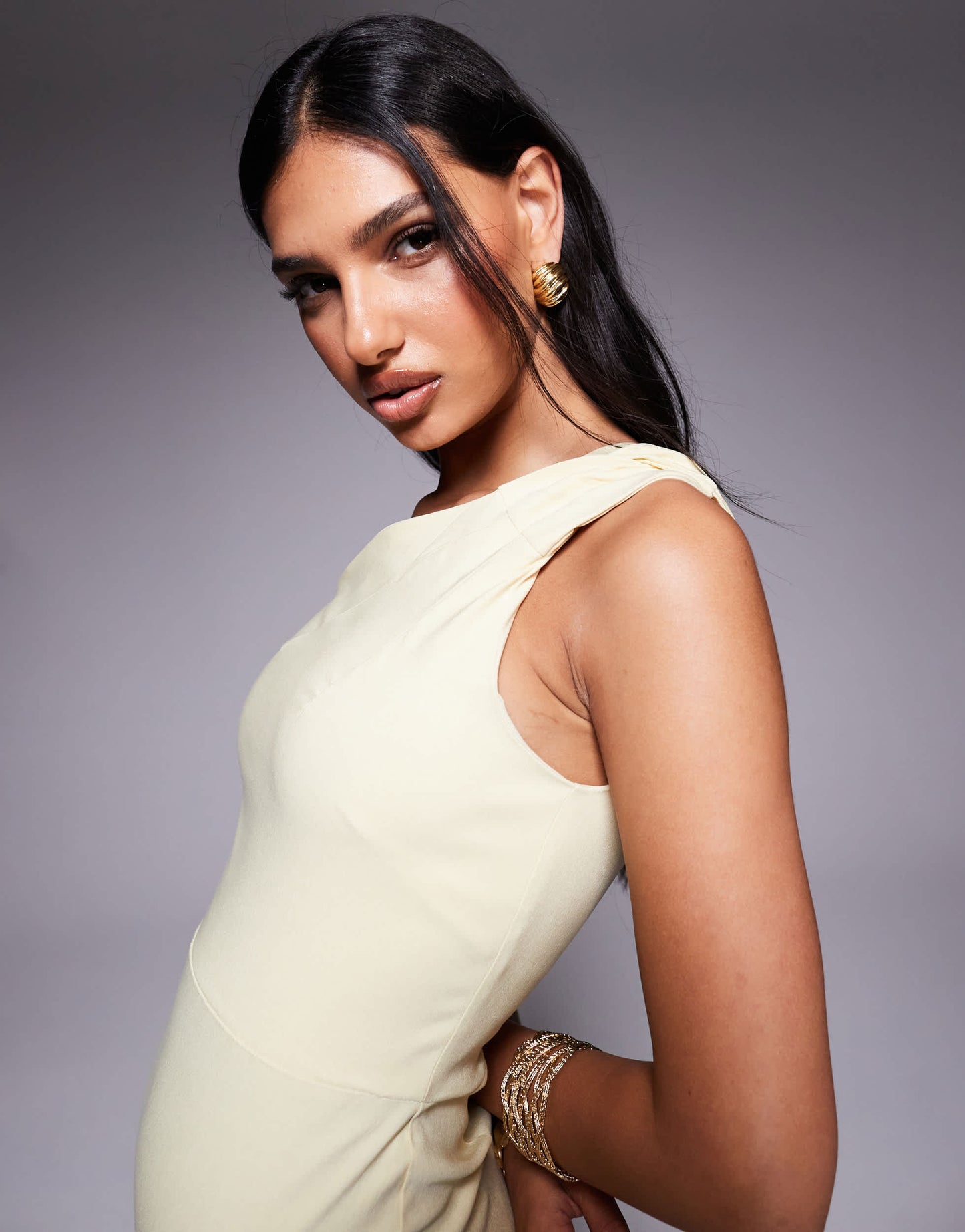 Vesper bengaline one shoulder strap bodycon midaxi dress in lemon